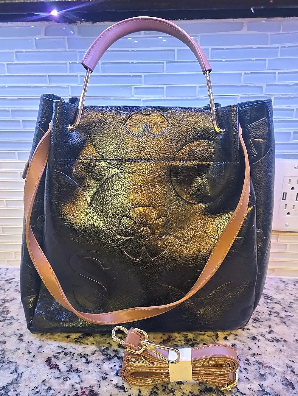 Embossed Shoulder Bag in Black & Brown